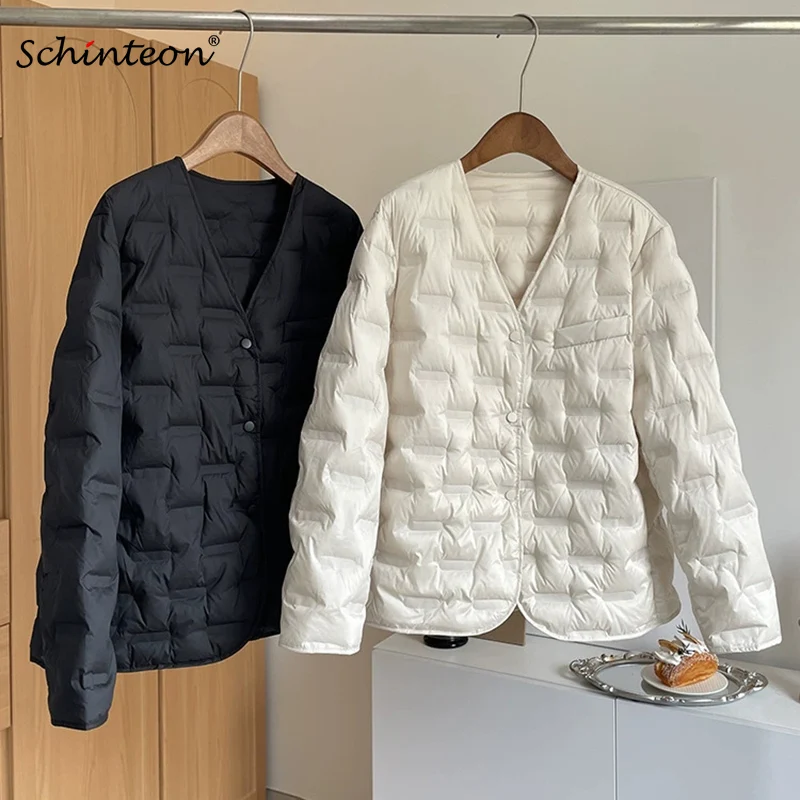 

Schinteon женская легкая белая куртка на утином пуху с v-образным вырезом и воротником, осенне-зимняя верхняя одежда, повседневное свободное простое пальто, новинка 2023 года