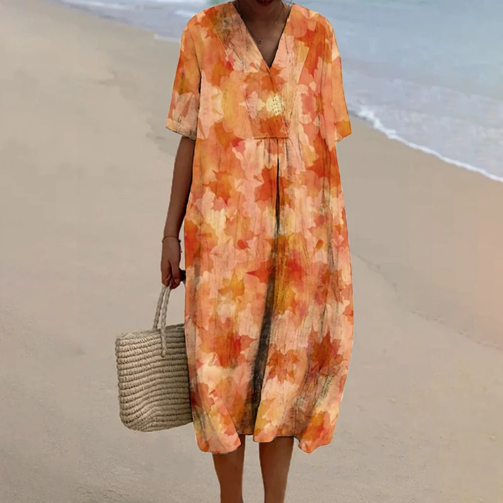 

Women Summer Beach Vacation Dresses Women's Print Flowy Linen Dress Female Short Sleeve Retro A-line Loose Long Dress