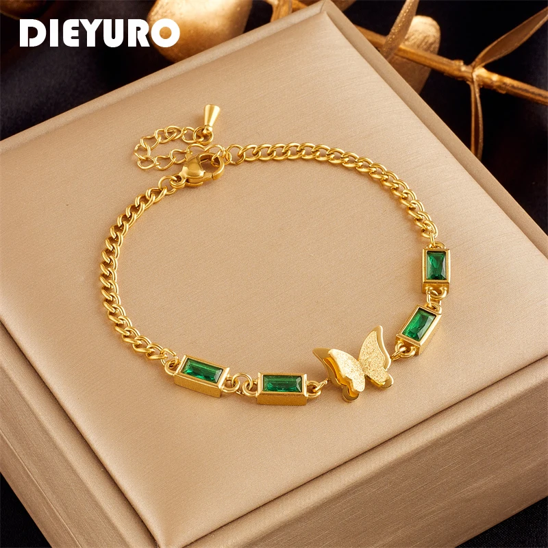 DIEYURO 316L Stainless Steel Green Square Crystal Butterfly Charm Bracelet For Women New Trend Girls Bangles Jewelry Party Gifts