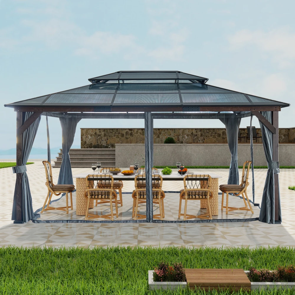 Hardtop Wood Gazebo for Patios, Wood Framed with Polycarbonate Double Roof Canopy, with Privacy Curtains and Mosquito Nettings