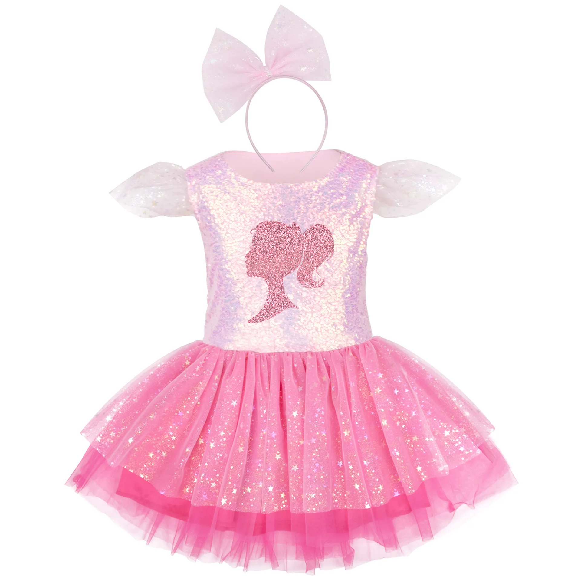 Toddler Girls Pink Barbi Cosplay Kids Sequin Dress Sweet Girl Baby Summer Clothing Mesh Dresses Party Princess Skirt Tutu Skirts