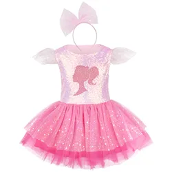 Toddler Girls Pink Cosplay Kids Sequin Dress Sweet Girl Baby Summer Clothing Mesh Dresses Party Princess Skirt Tutu Skirts