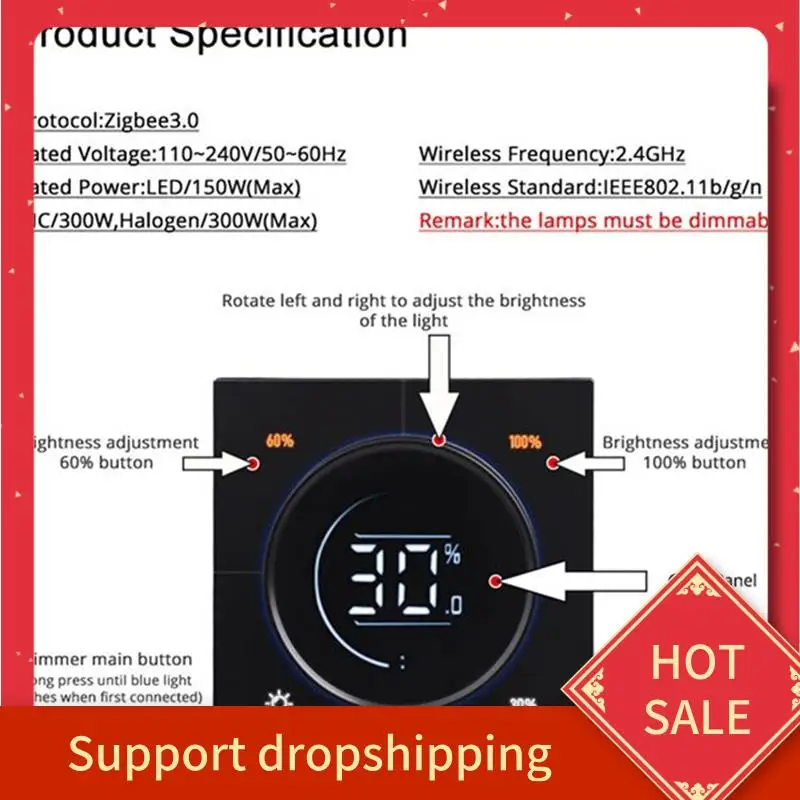 

B44C Infinite Knob MOSFET Dimmer Regulator Zigbee 3.0 PC Panel Wall Light Switch Digital LCD Trailing Edge Dimming