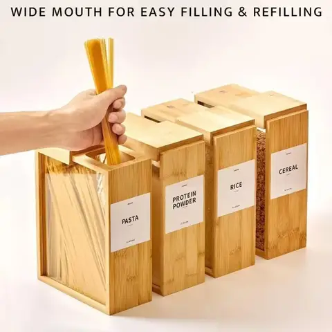 3L Wood Food Dispenser Sturdy Bamboo Kitchen Cereal Grain Organizer Sealed Pantry Storage Container with Clear Acrylic Lid