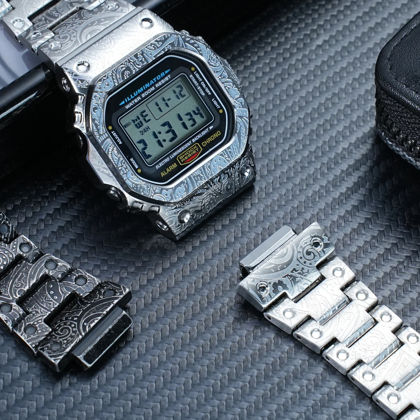 Customized DW-5600 Band and Case Compatible with Casio GW-M5610 Retro Engraved Stainless Steel Case and Band Set Accessories