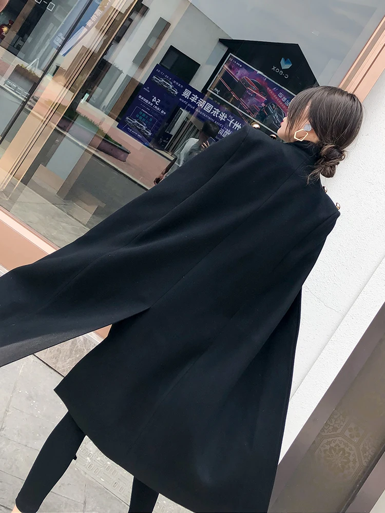 Embroidery Buttons Black Shawl Cape Women British Style Cloak Sleeve Military Elegant Long Work Party Wool Poncho Coat 2023