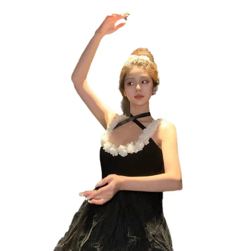 Letnia seksowna sukienka na ramiączkach z dekoltem typu O, bez pleców, damska sukienka, jednolita, wiązana, kwiatowa, bez rękawów, suknia balowa, elegancka, dopasowana bluzka damska.