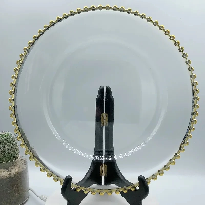 

100pieces Clear Plastic Charger Plates with Gold Beads Rim Acrylic Decorative Service Plate