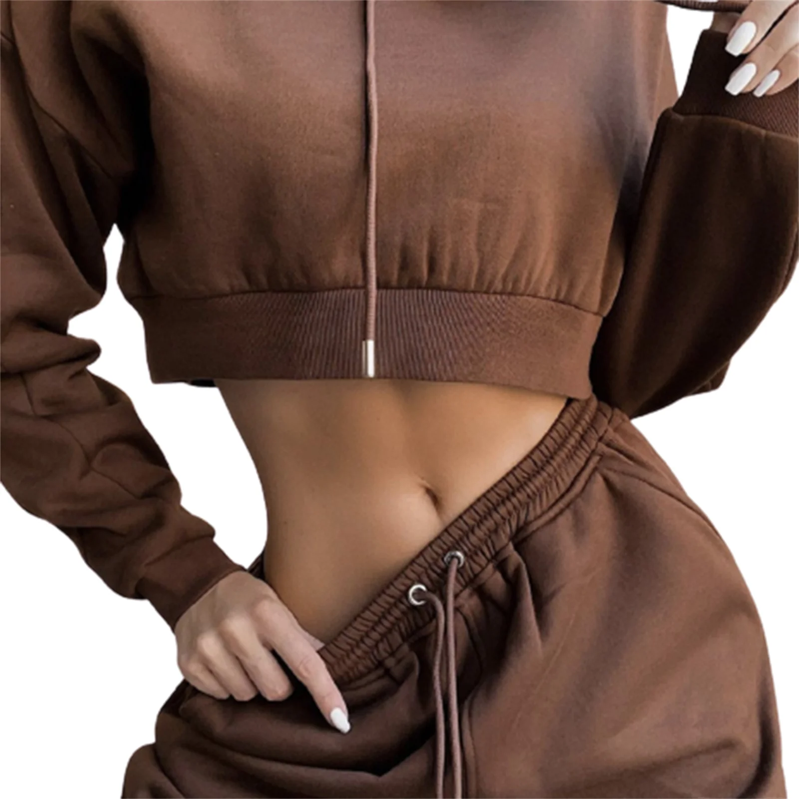 

Women's 2 Piece Outfits Drawstring Crop Top And High Waist Pocketed Joggers For Casual Daily Wear