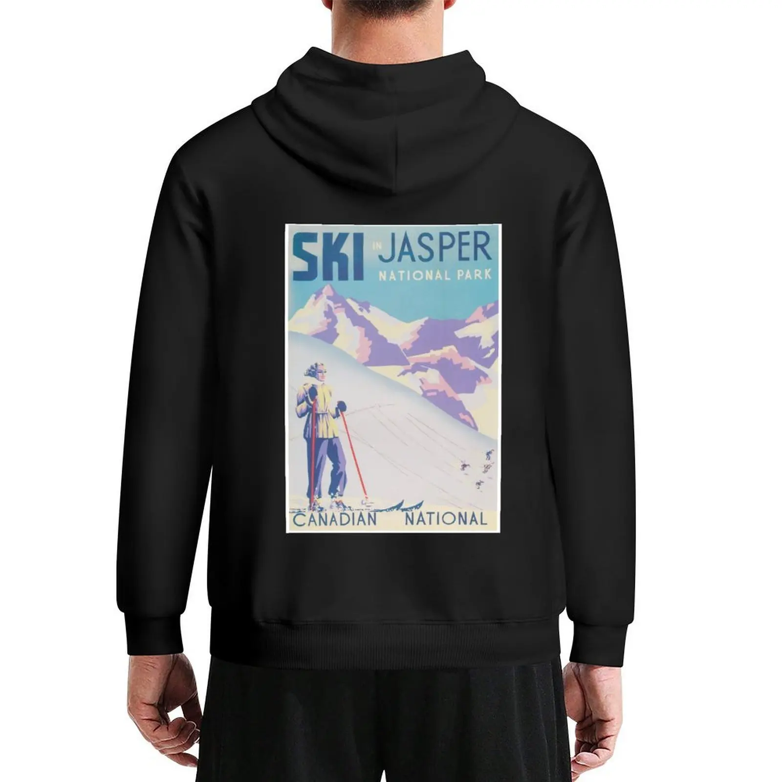 

Ski in Jasper National Park Canada Vintage Ski Travel Poster Hoodie mens clothes men wear winter clothes big size hoodie