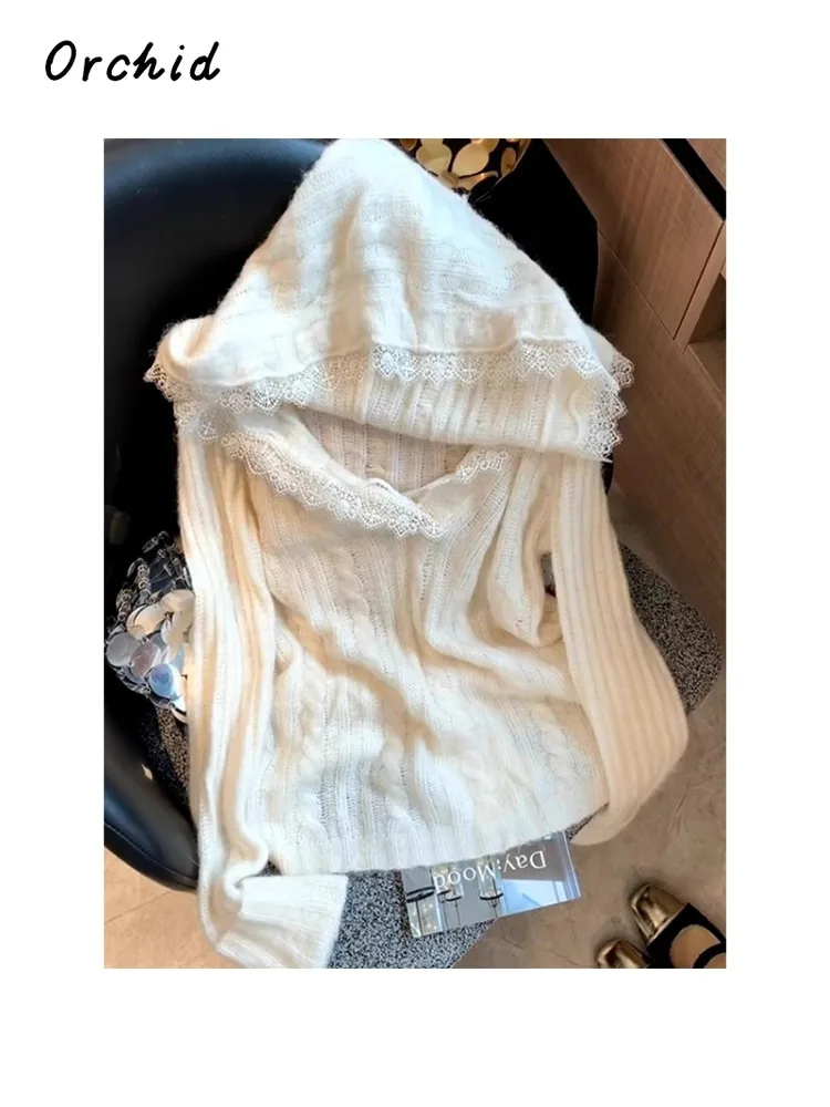 2025 Winter Casual Sexy Knitting Long Sleeve Lace Hooded Pullovers Korean Fashion Women Hotsweet Coquette Sheath White Sweater