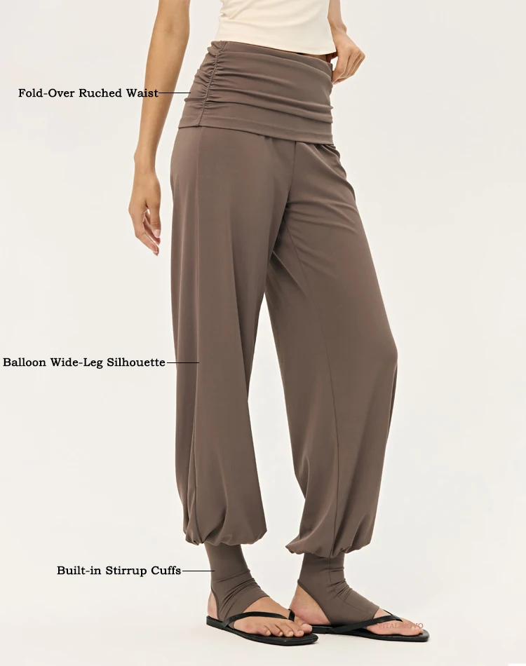 VITALINOVO Balloon Wide Leg Yoga Pants for Women Ruched Fold Over Waist Stirrup Pants Lightweight Flowy Workout Pant Dace Ballet