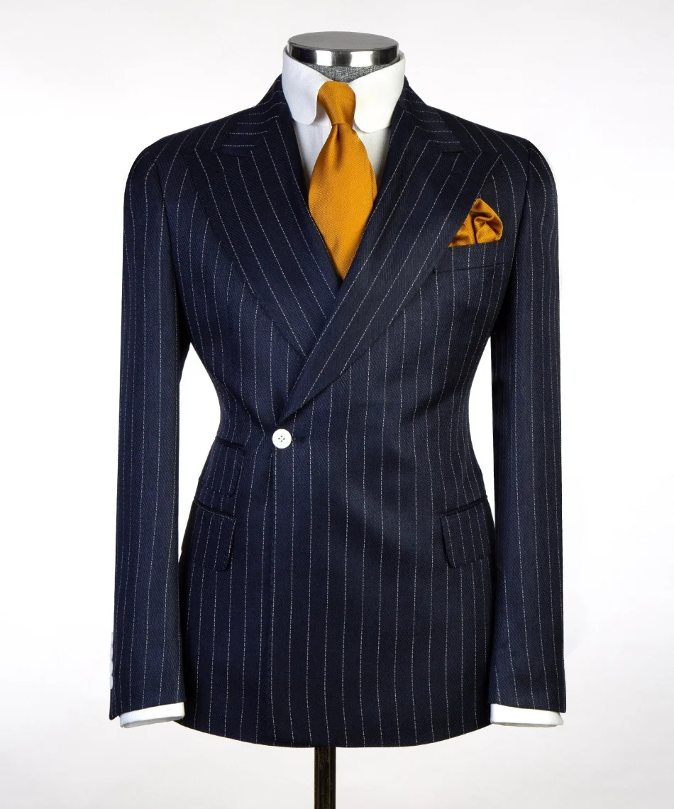 

Мужские костюмы по индивидуальному заказу, двубортный темно-синий костюм в тонкую полоску, мужской комплект из 2 предметов, пиджак и брюк, официальная деловая одежда для офиса и вечеринок