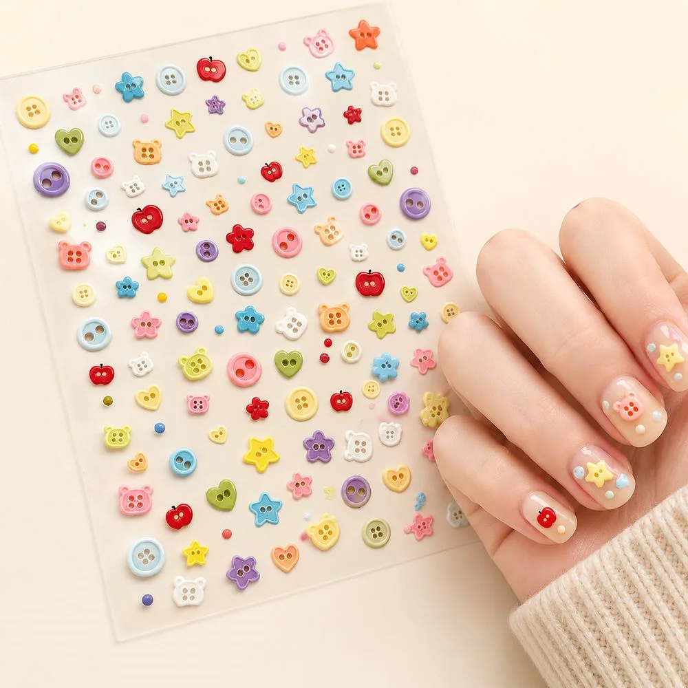 1Pc Self‑Adhesive Cute Button Nail Sticker Embossed Cartoon Bow Sewing Grid Flower Decals Sweet Summer DIY Manicure Nail Art Kit