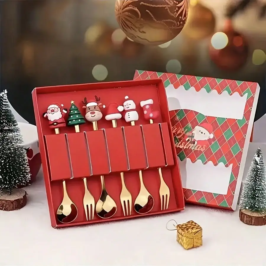 Un juego de vajilla navideña de acero inoxidable, cucharas y tenedores: se puede poner en el lavavajillas, set de regalo festivo con caja de regalo.
