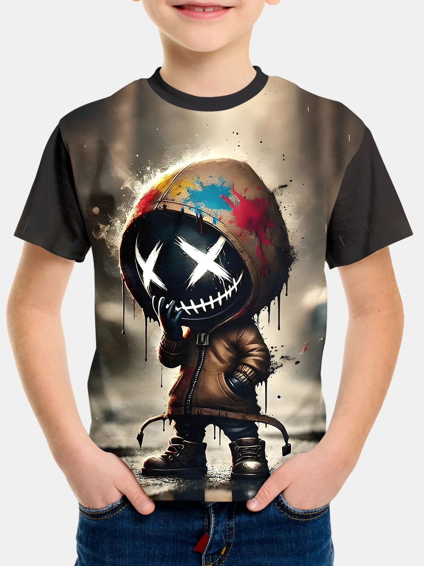 Boys‑Graffiti‑Mask‑Figure‑Print‑Crew‑Neck‑Short‑Sleeve‑Vibrant‑Summer‑Teen‑T‑Shirt