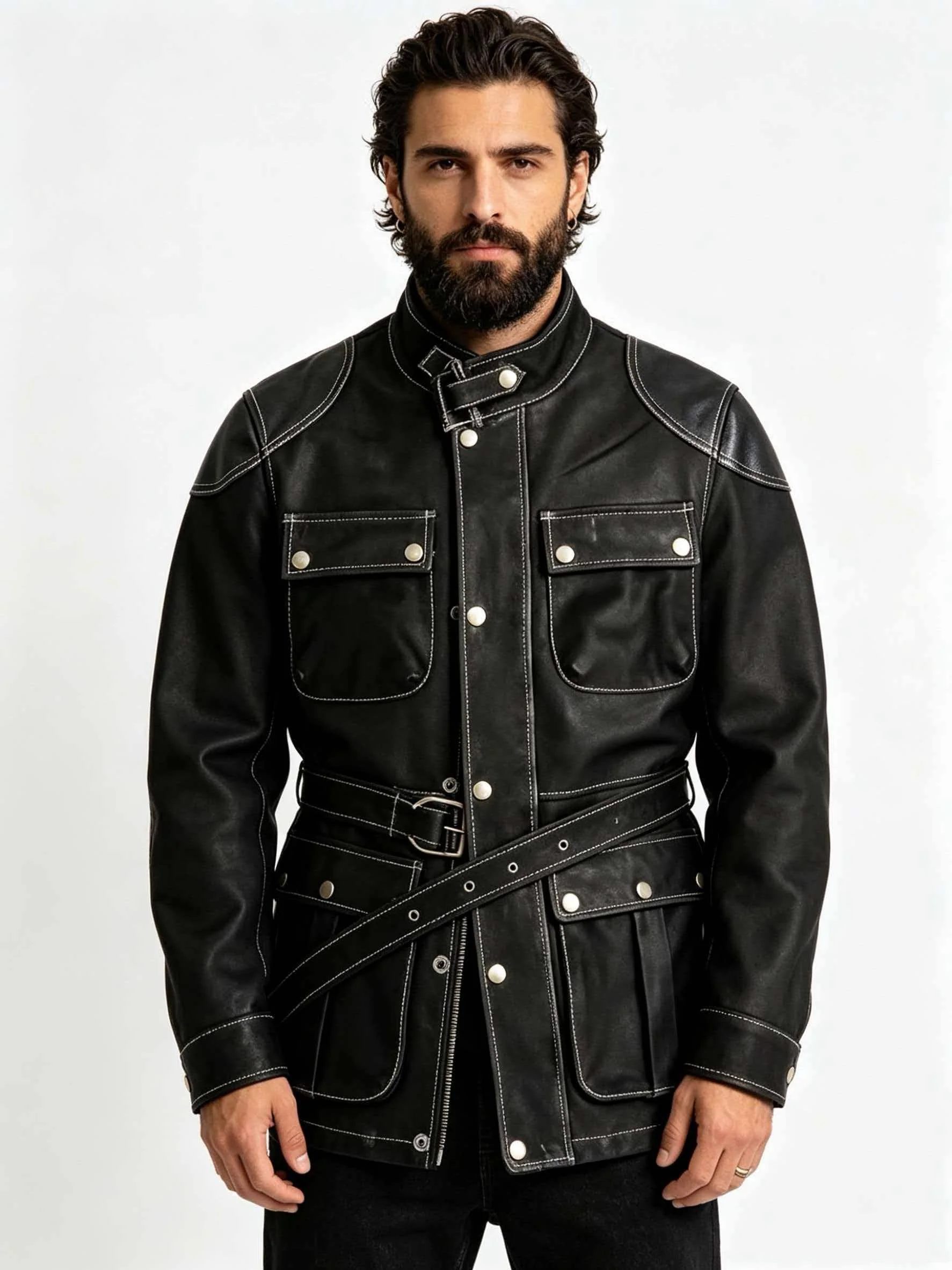 Black Long Winter Leather Jacket Men Retro Style Plus Size 4XL Genuine Natural Cow Suede Stand Collar Four Pockets Belt Coat