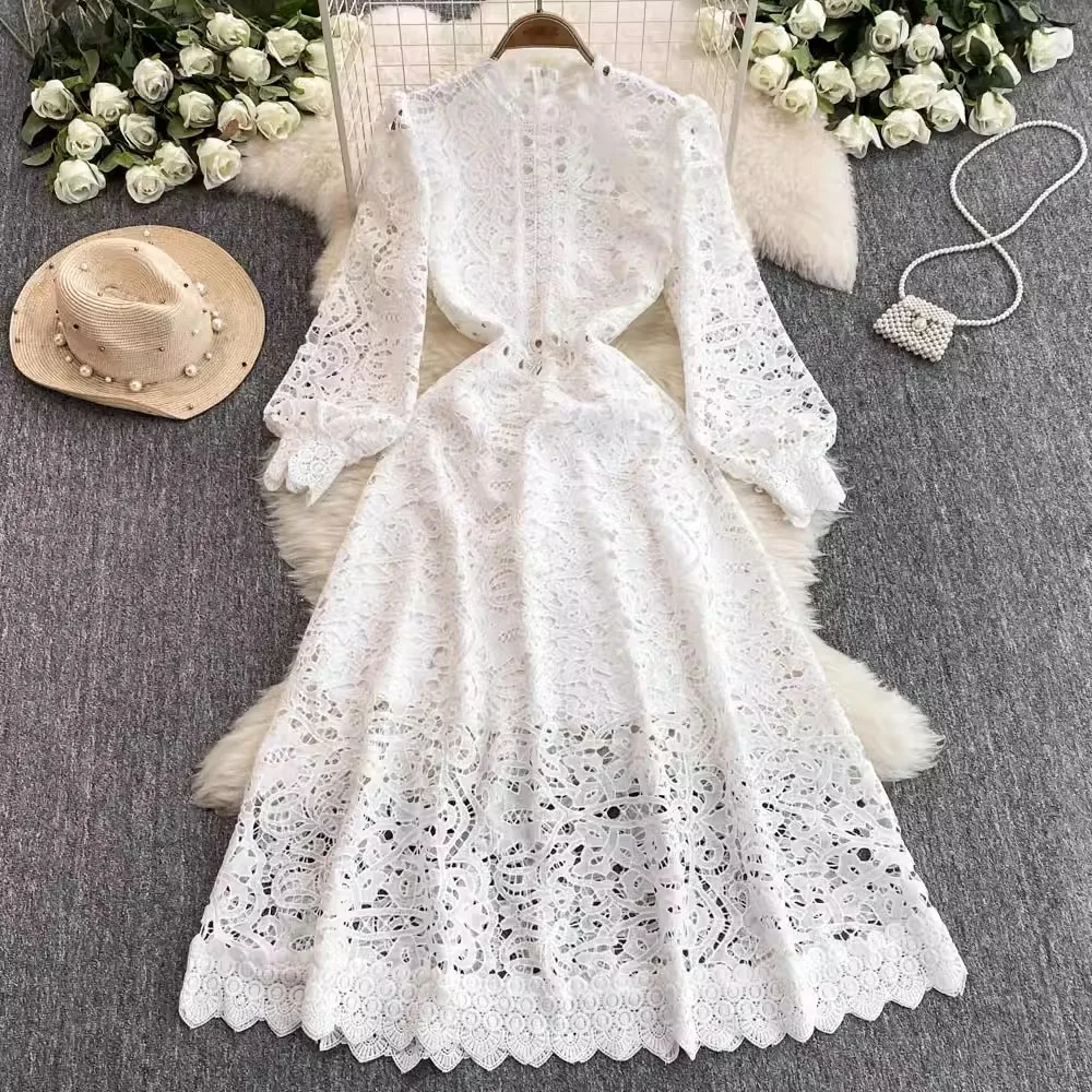 Autumn Fashion Crochet Lace Embroidery Flower Dress Women's Stand Collar Long Lantern Sleeve Hollow Out Party Runway Vestidos