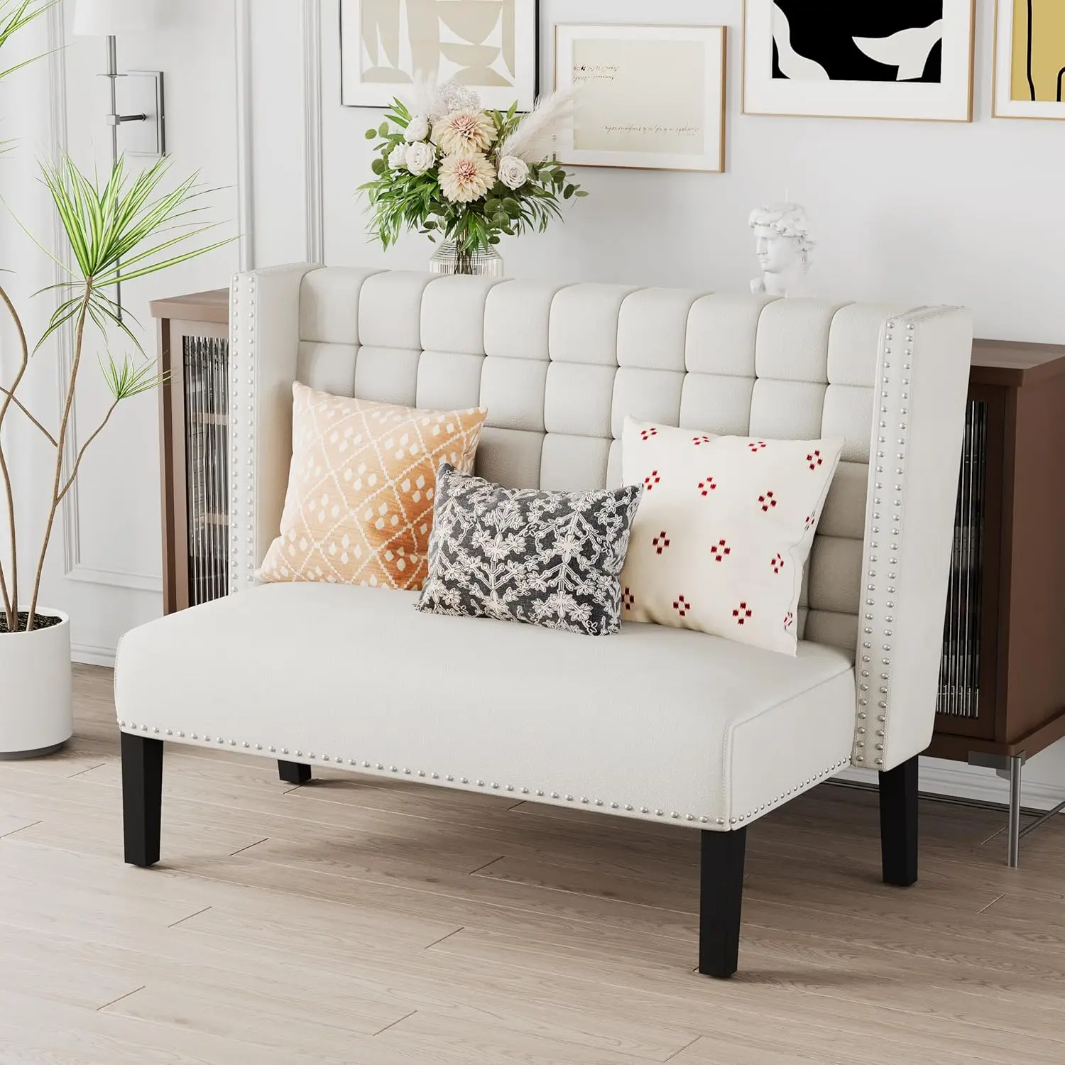 أريكة مقعد أريكة حديثة بمقعدين، مقعد طعام منجد مع ظهر، أبيض