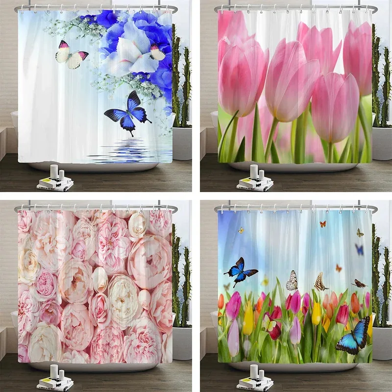 

JDJ32Floral Tulip Printing Flower Shower Curtain Waterproof Polyester Fabric Bathroom Curtain With Hooks 180x180cm Decorativ3Mn^