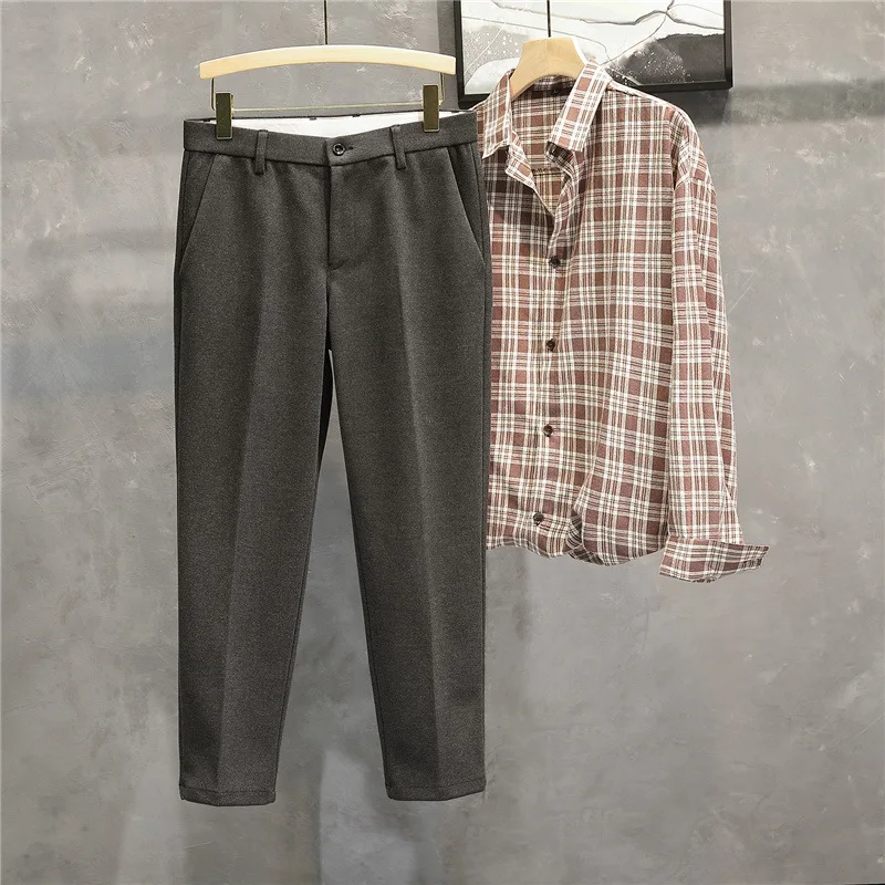 Business Woolen Blend Thickening Suit Pants Mens Loose Casual Solid Color Jogger Trousers Male Light Luxury Simple Cropped Pants