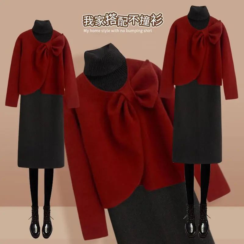 

Autumn Winter Set Bow Cross Sweater Slim Knit High Collar Dress Matching Two-piece Suit Sweater Skirt 2 Piece Matching