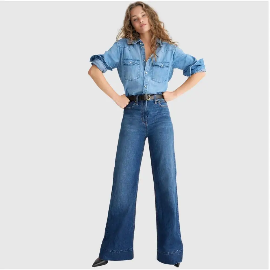 

Women's Wide Leg Stretch Jeans Casual Comfortable Mid-Waist Blue Denim Workwear Sle Tied Dye l Waist Jeans
