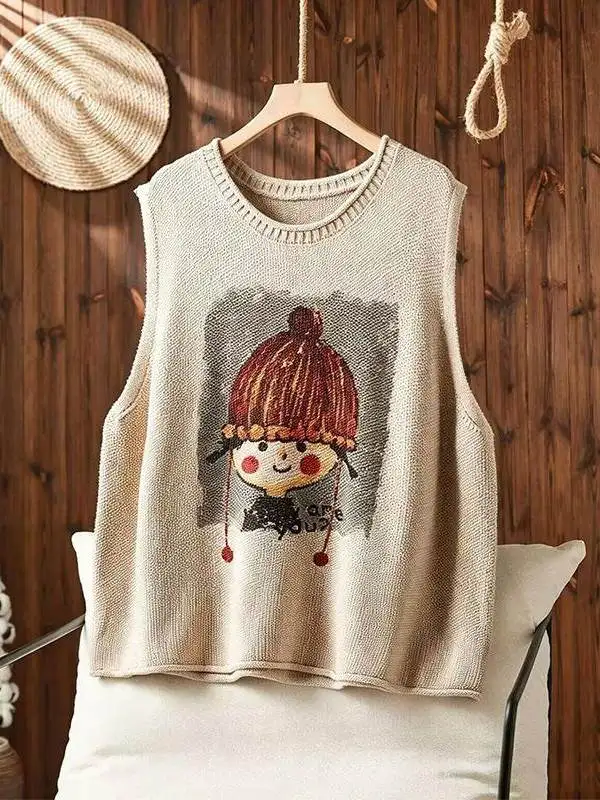 

Korean Style Casual Cartoon Printed Knitted Hat round Neck Color Vest Top for Women Soft Breathable Loose Fit Knitwear