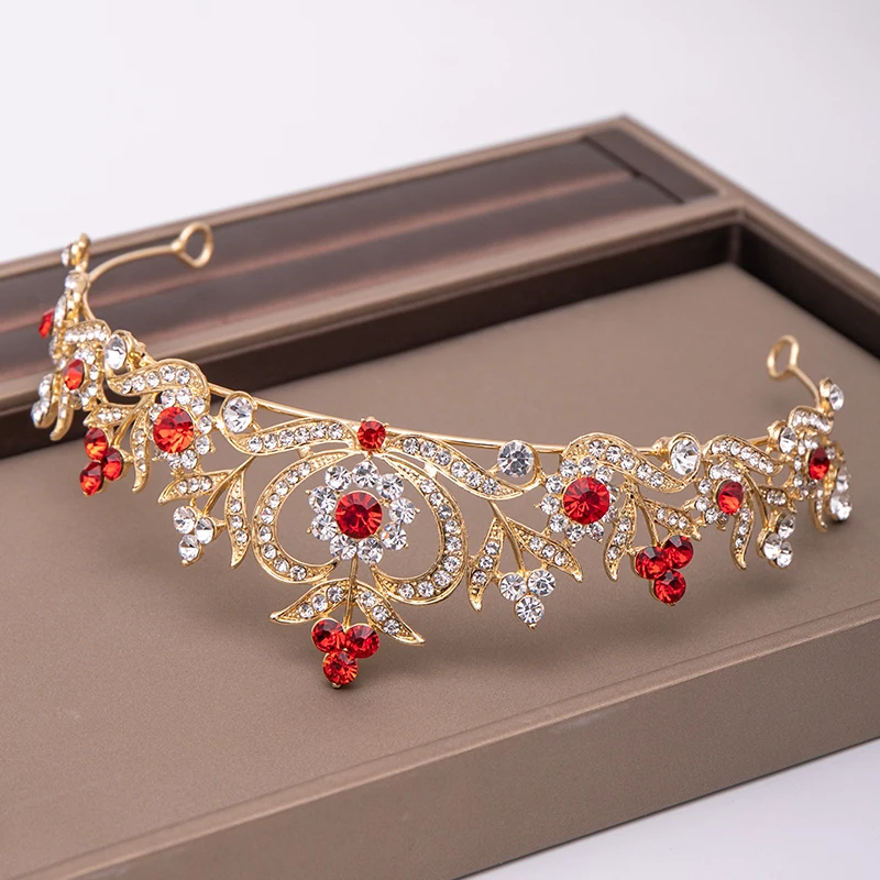 Trendy Gold RedRhinestone Crystal Crown Flower Bridal Hair Accessories Wedding Headpiece Hair ornaments Bride Hair Jewelry crown image 5