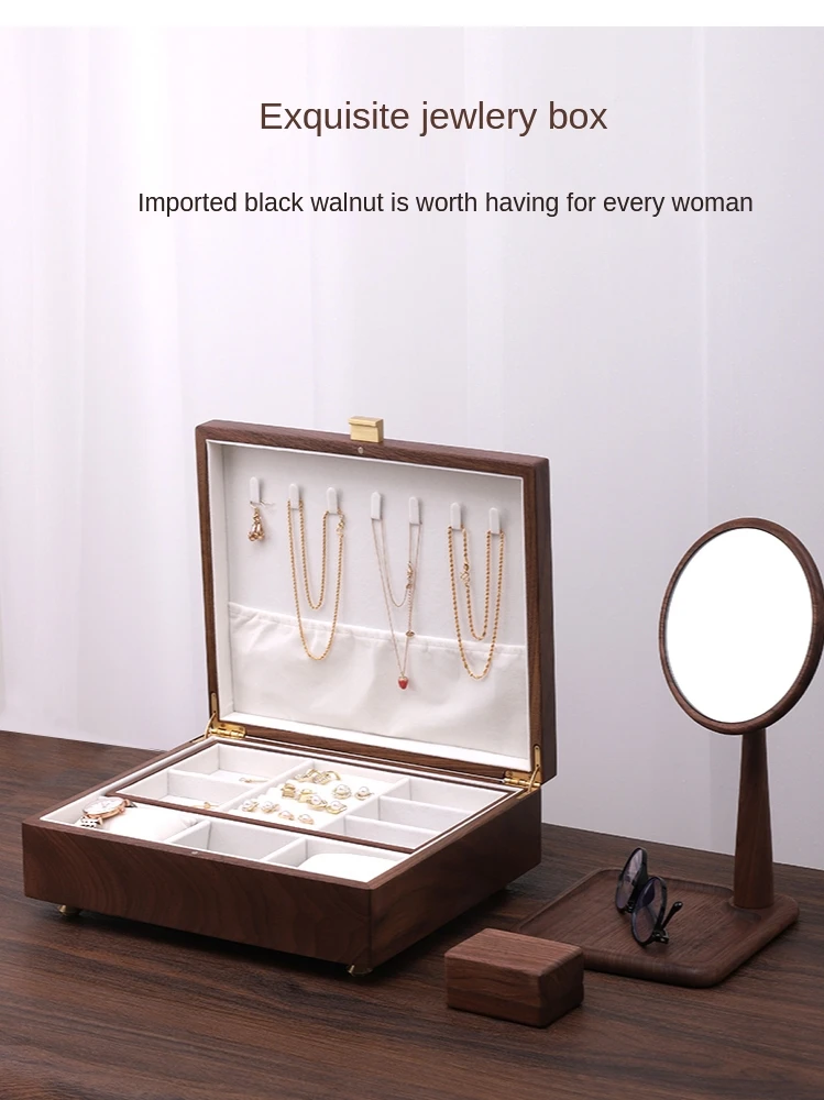 European-style solid wood jewelry storage box high-end hanging wedding necklace earrings ring large-capacity organizer