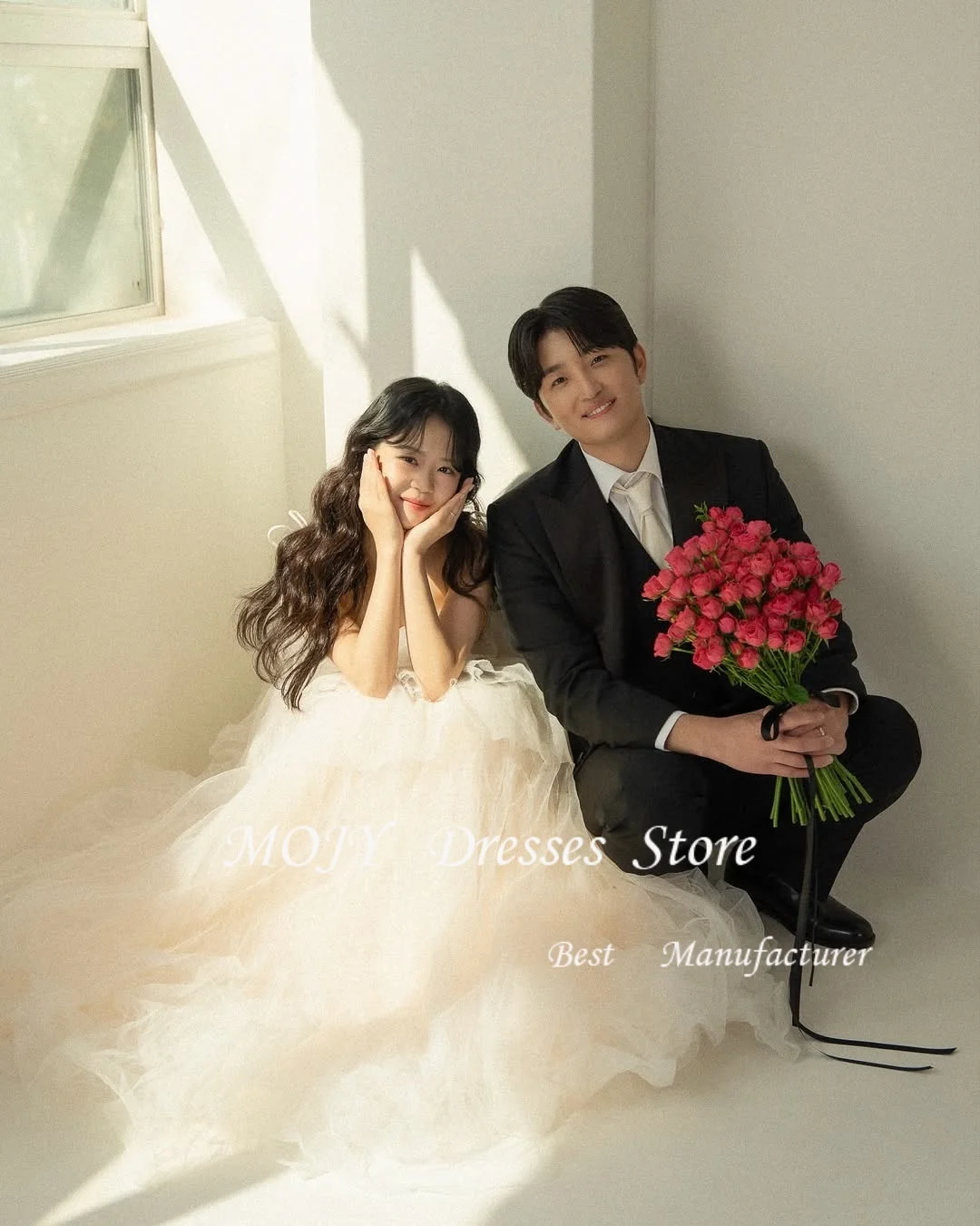 Mojy Corea vestido de fiesta de boda Spaghetti Strap tul A-Line sesión de fotos vestido de recepción nupcial personalizado