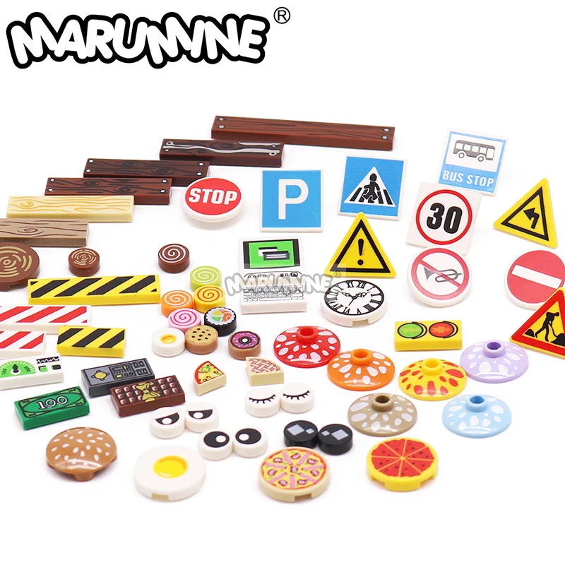 

MARUMINE MOC Printed Tiles Street Warning Sign Hamburger Pizza Fries Cookies Building Blocks Kit Miniature Toys Children Gift