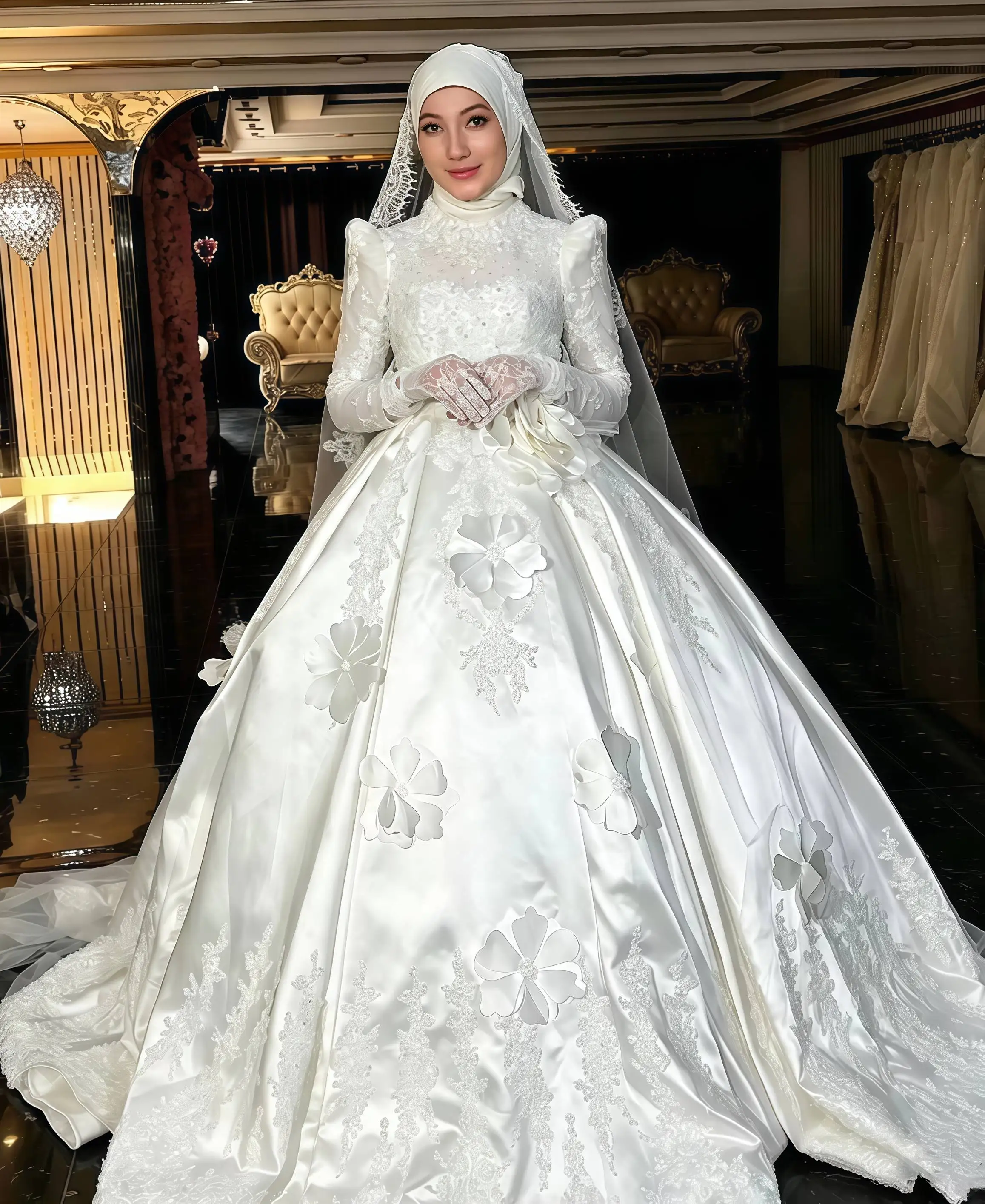Customized White Muslim Style Wedding Dress With High Neck Long Sleeved Satin Appliqu É D Lace Decoration Vestido De Novia