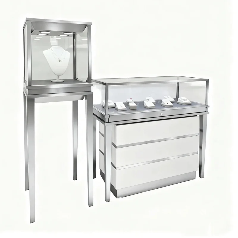 custom.High-End Gold Jewelry Display Cabinet Custom Stainless Steel Counter Shelves Glasses Watches Elegant Glass Showcases LED