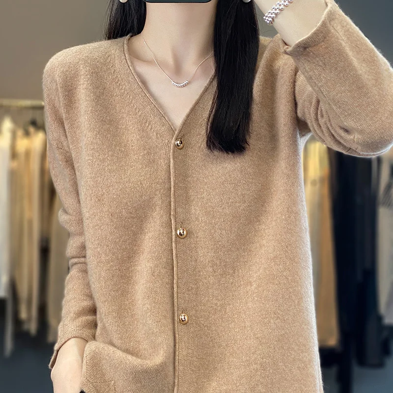 

Jueqi cashmere sweater women's V-neck button up cardigan 100% pure wool knitted jacket bottom sweater RT-901