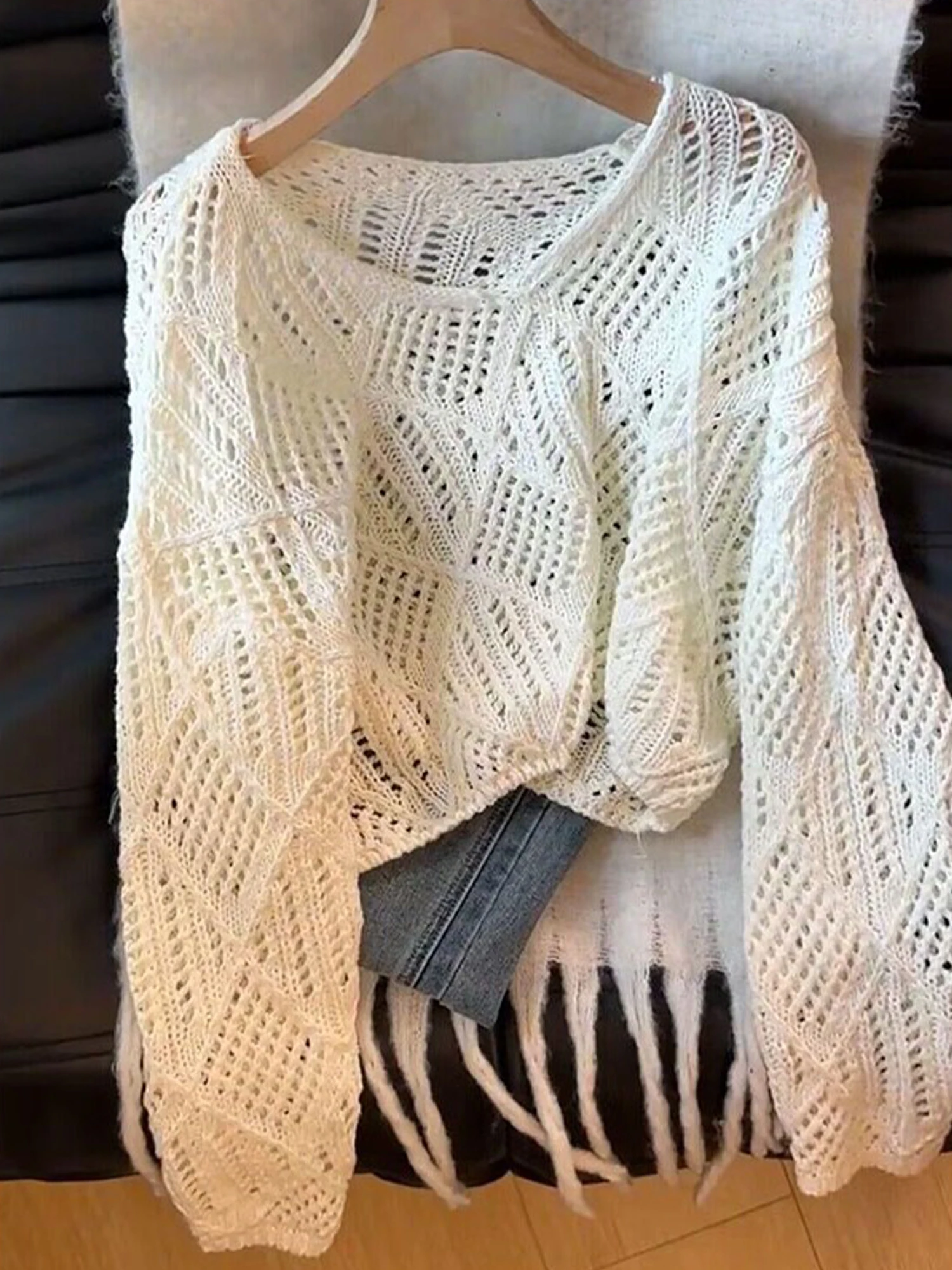 Women's Off-white Hollow-out Crew Neck T-shirt Knit Top Y2K Gyaru T-shirt Vintage Korean Style T-shirt for Women Spring Summer