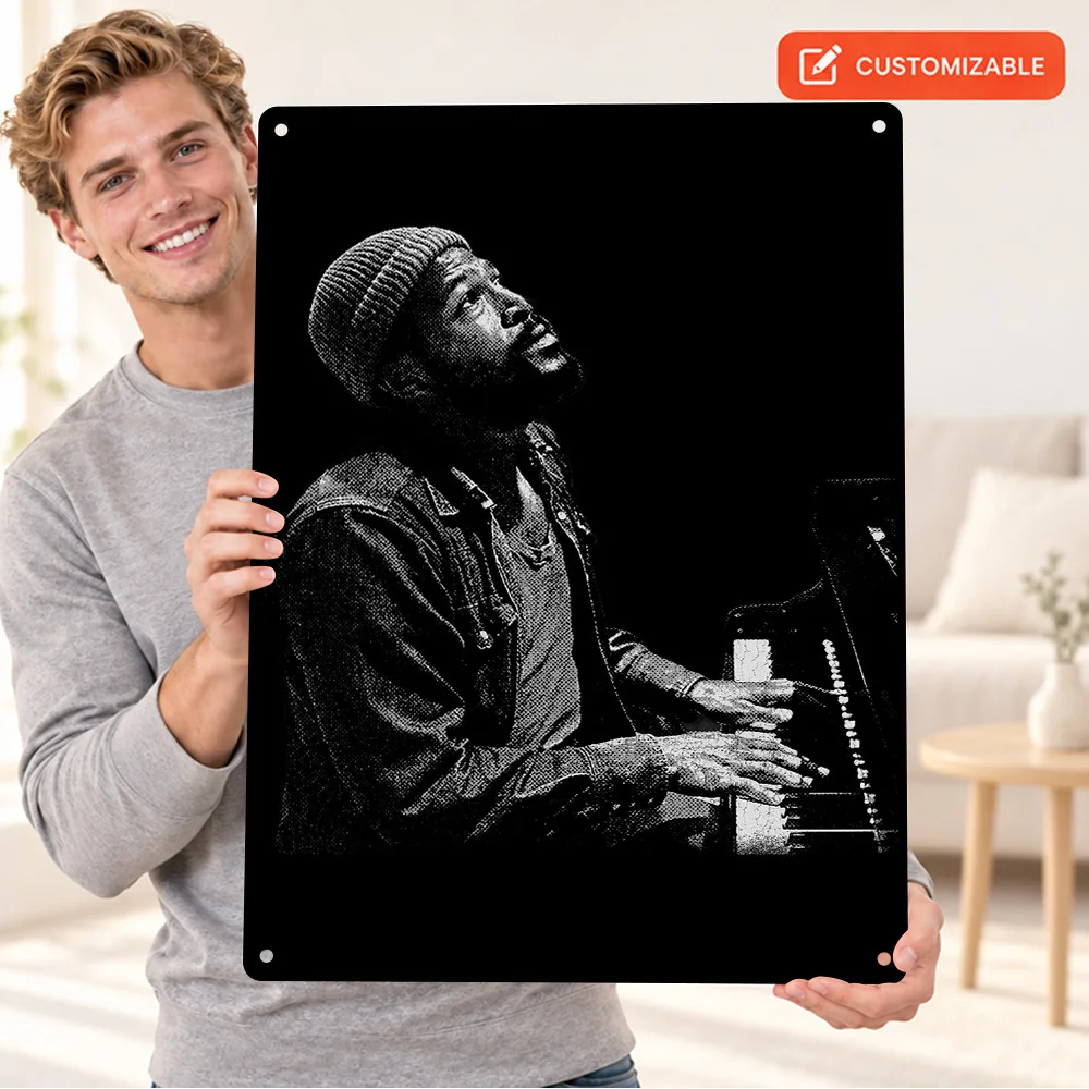 Marvin Gaye Monochrome Piano Player Singer Aluminum Poster Customized Metal Sign Contrast Wall Art For Music Room Musician Gift