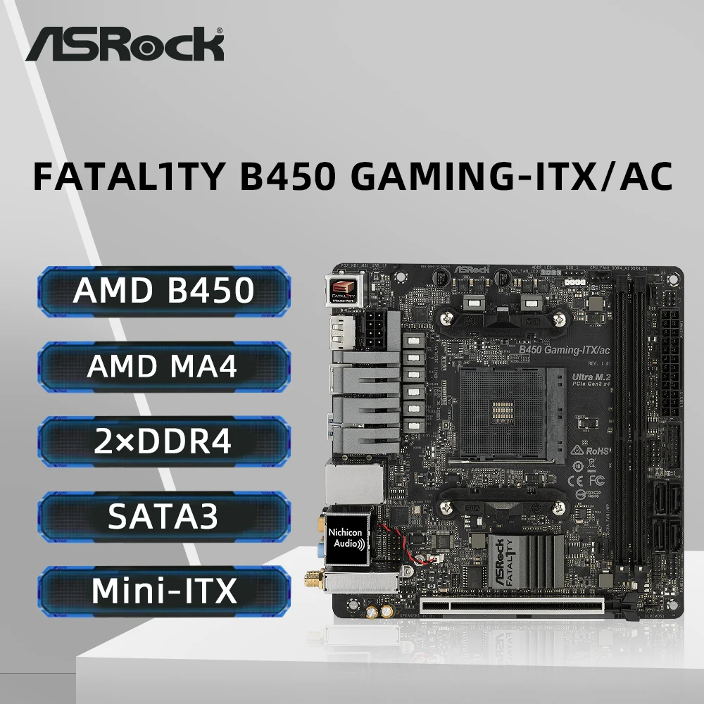 

Материнская плата ASRock B450 GAMING-ITX/AC с разъемом AM4 поддерживает Ryzen 5 5600G 5600 R7 5700X3D 5800X Процессор DDR4 M.2 PCIe 3.0 Mini ITX