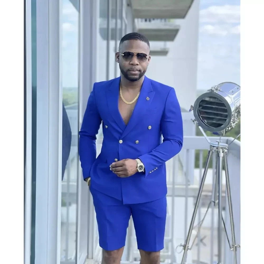 

2 Piece Summer Men Suits Slim Fit Double Breasted Blazer With Short Pant Classic Fit Casual Daily Costume Homme Set For Man