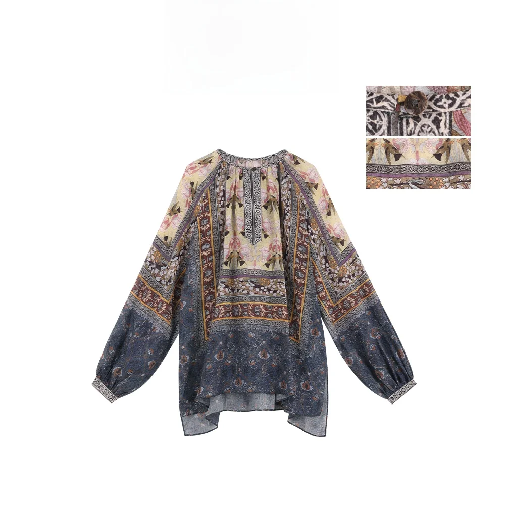 

Mannala Thai Cotton Linen irt Floral Print Holiday Ethnic Sle Women's Long Sve Mid-Length French Sle irt