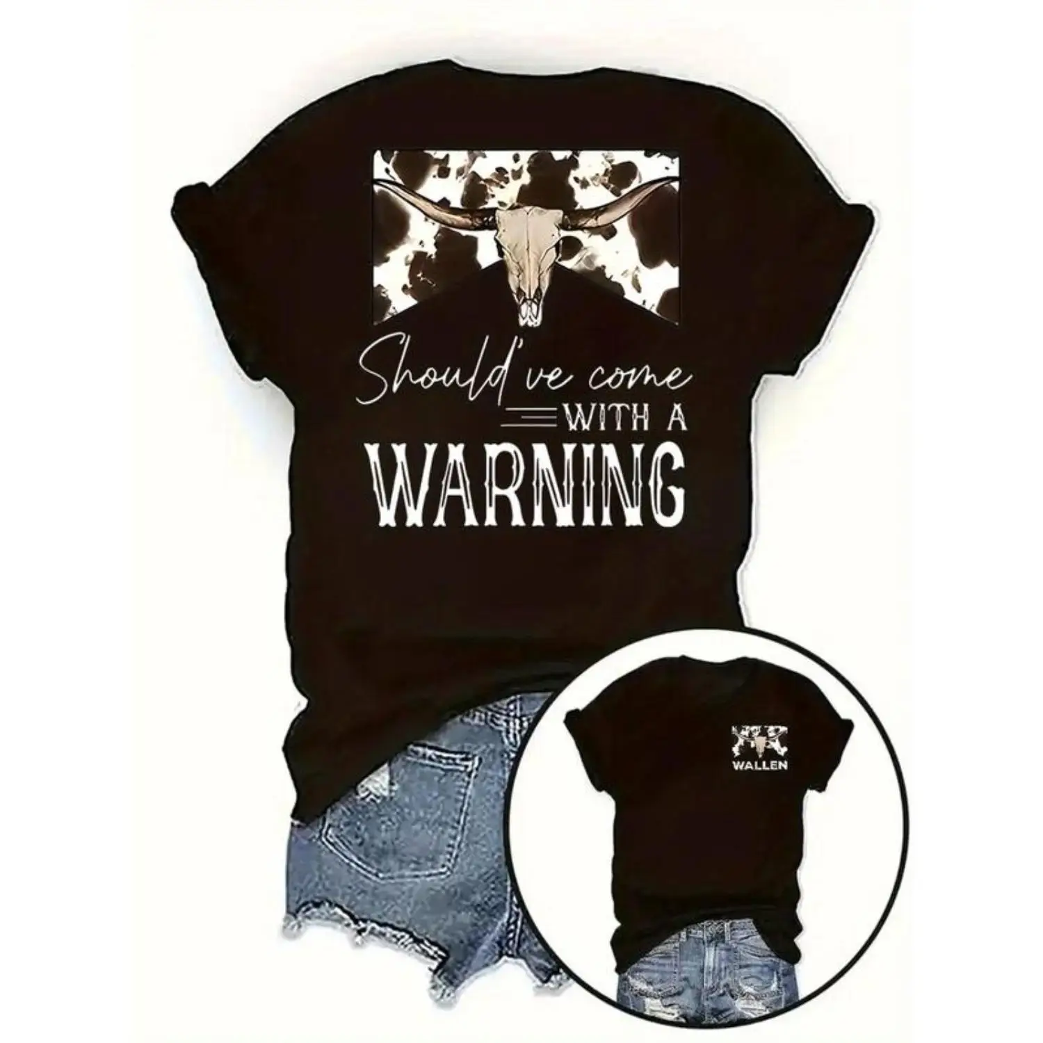 

Western Style Cow Skull Print T-Shirt for Women Vintage Loose Fit Short Sleeve Tops Summer Country Music Festival Outfit