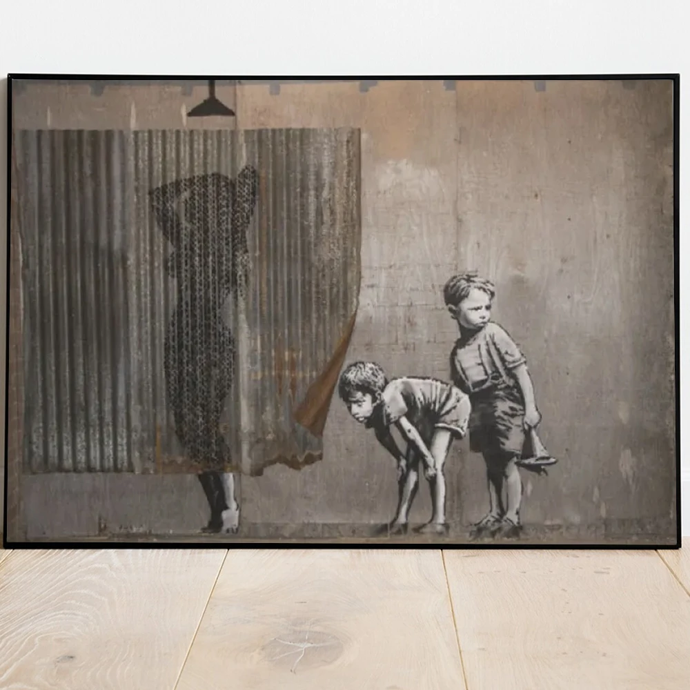 

Banksy Art Canvas Painting Boy Peeking at Woman Taking Bath Funny Posters and Prints Wall Art Picture for Living Room Decoration