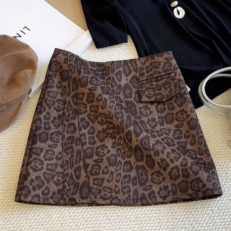 American Retro Leopard Print Faux Suede Skirt Women's Autumn Winter High Waist Fashion Mini Skirts Chic Spicy Girls A-Line Skirt