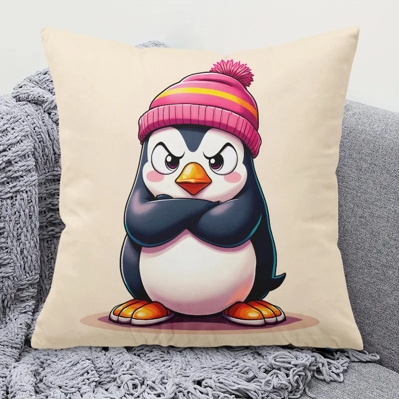 Capa de almofada com desenho de pinguim fofo e zangado – pássaro de desenho animado com chapéu para quarto infantil e decoração de casa, capa de almofada 40x40cm