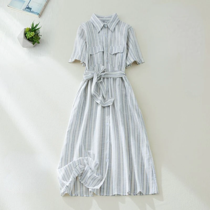 

Cotton Linen Dresses Women Linen Light Mature Style Dress Vertical Stripe Short Sleeve Shirt Dress Summer Trend Thin Playsuits