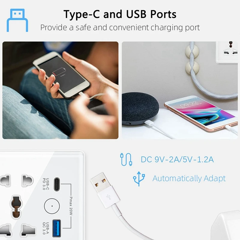 Tuya Smart Socket With Typec+USB Fast Charging Remote Timing Socket Wifi Smart British Standard 86-Type Five-Hole Socket