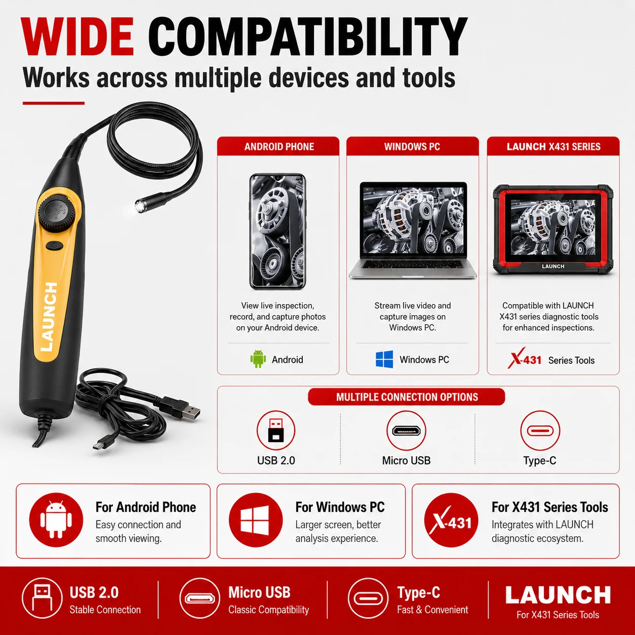 LAUNCH VSP600 Videoscope 5.5mm Ultra-Thin HD Borescope Inspection Camera for X431, Capturing Video/Images in Hard-to-Reach Areas