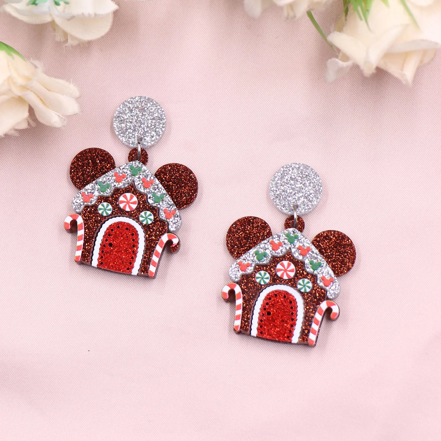 New product CN Drop mouse Gingerbread House women\'s Cute Christmas Acrylic Earrings