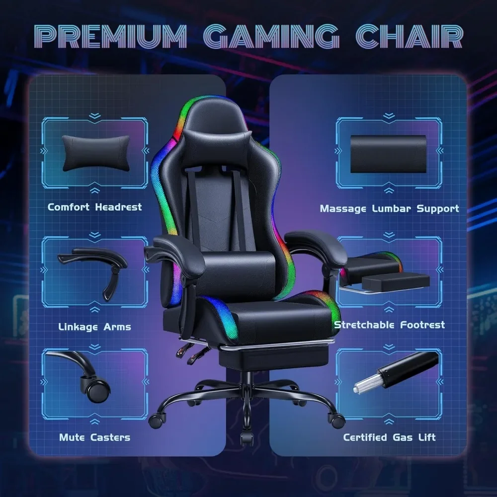 Gaming Chair with RGB LED Lights, Video Game Chair with Footrest and Massage Lumbar Support, High Back Reclining image 5