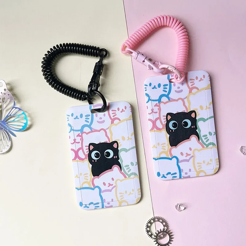 حافظة حامل بطاقات على شكل قطة كرتونية مضحكة للنساء على الموضة الكورية Kawaii Kpop ID حامل بطاقات الصور المحمول حامل بطاقة العامل الحبل